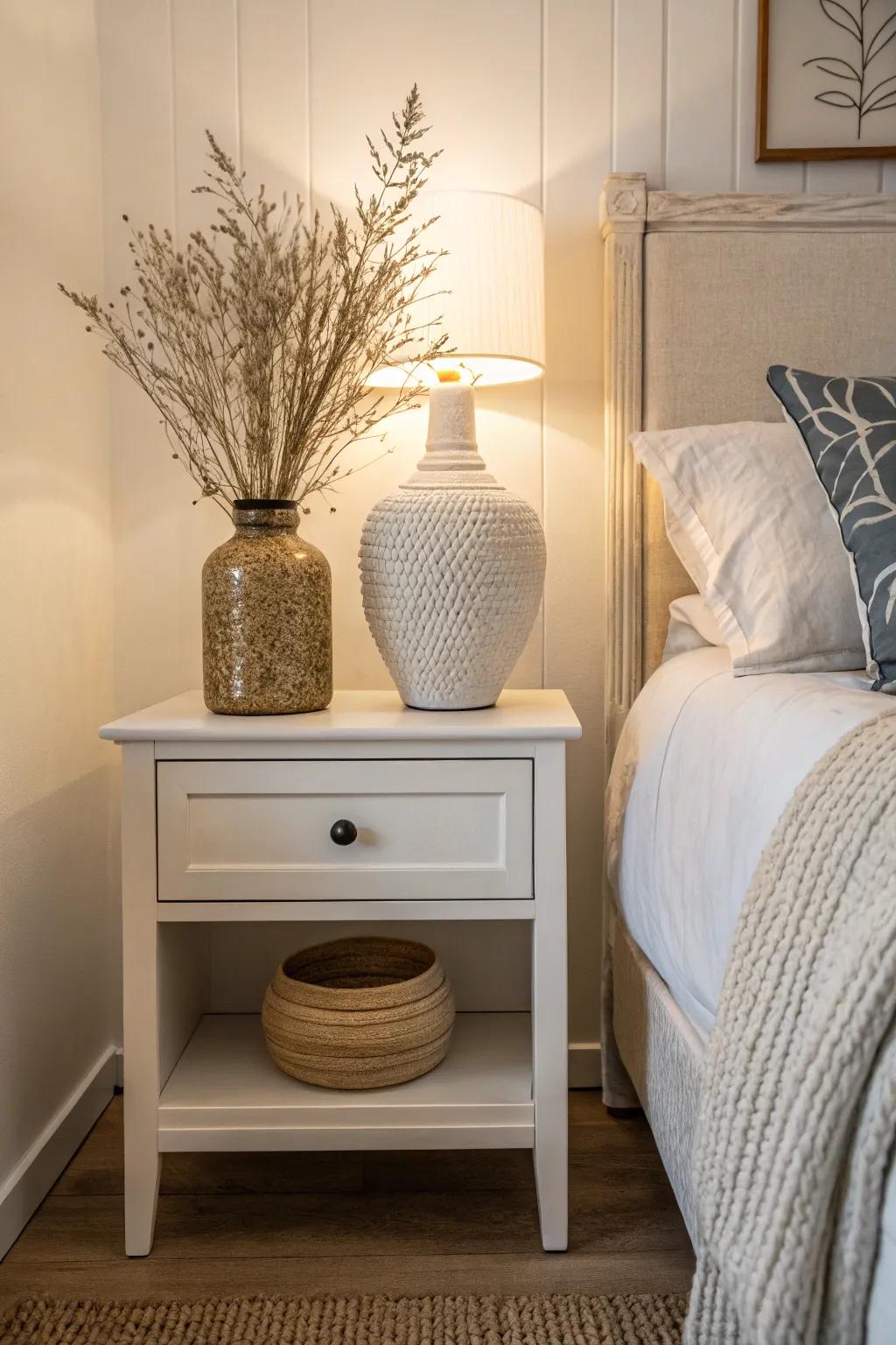 A textured vase adds visual interest to your nightstand.