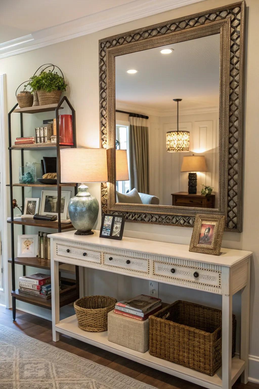 Mirrors with shelving offer style and functionality.