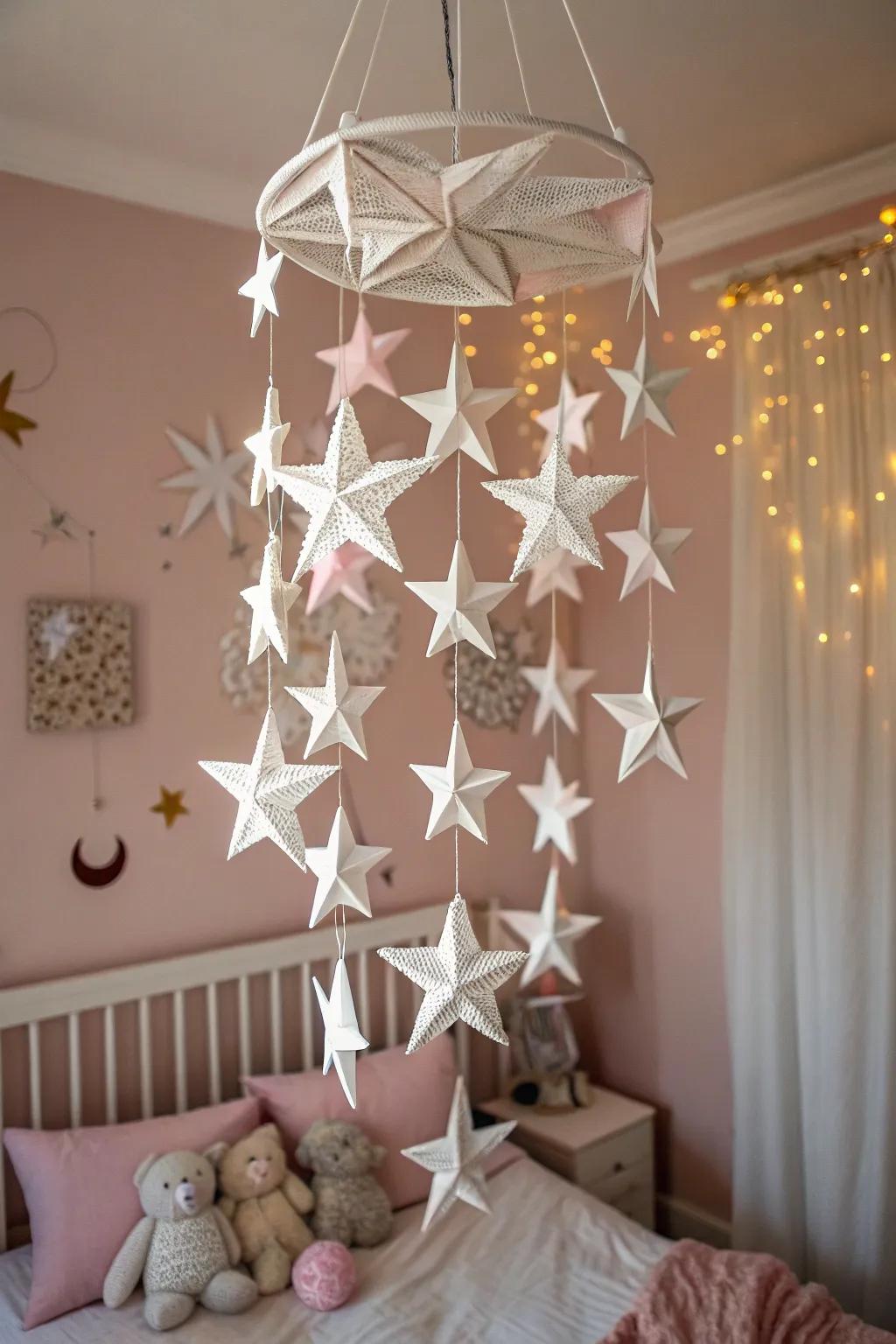 A celestial paper star mobile bringing magic to a child's room.