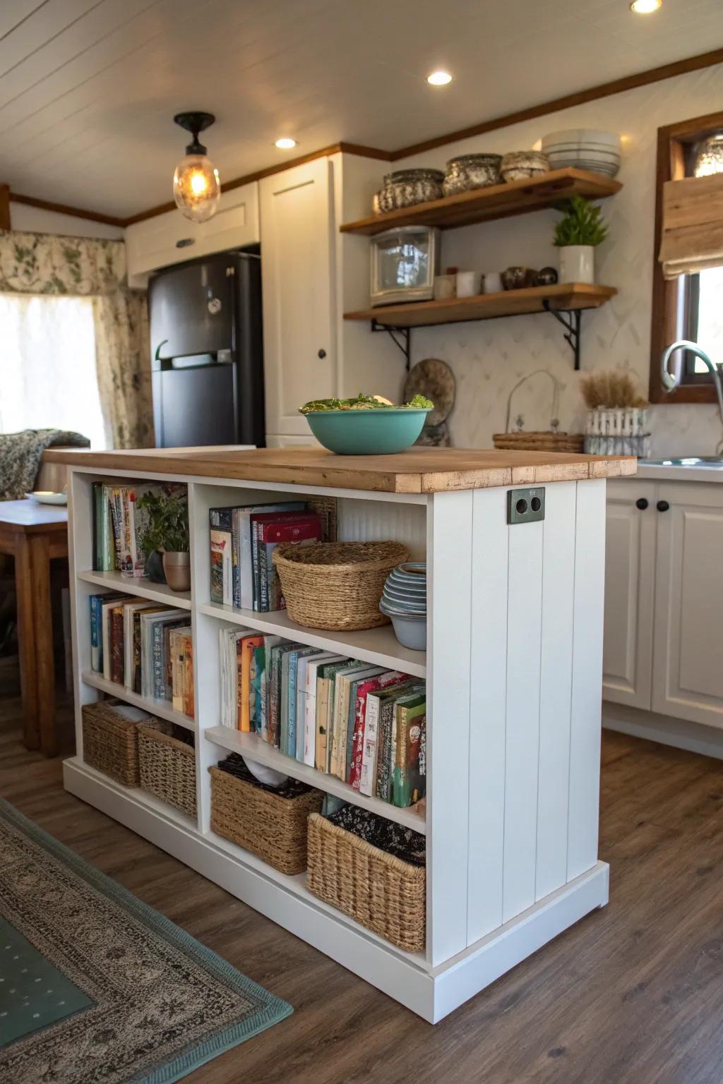 A built-in bookshelf in the island adds charm and practicality.