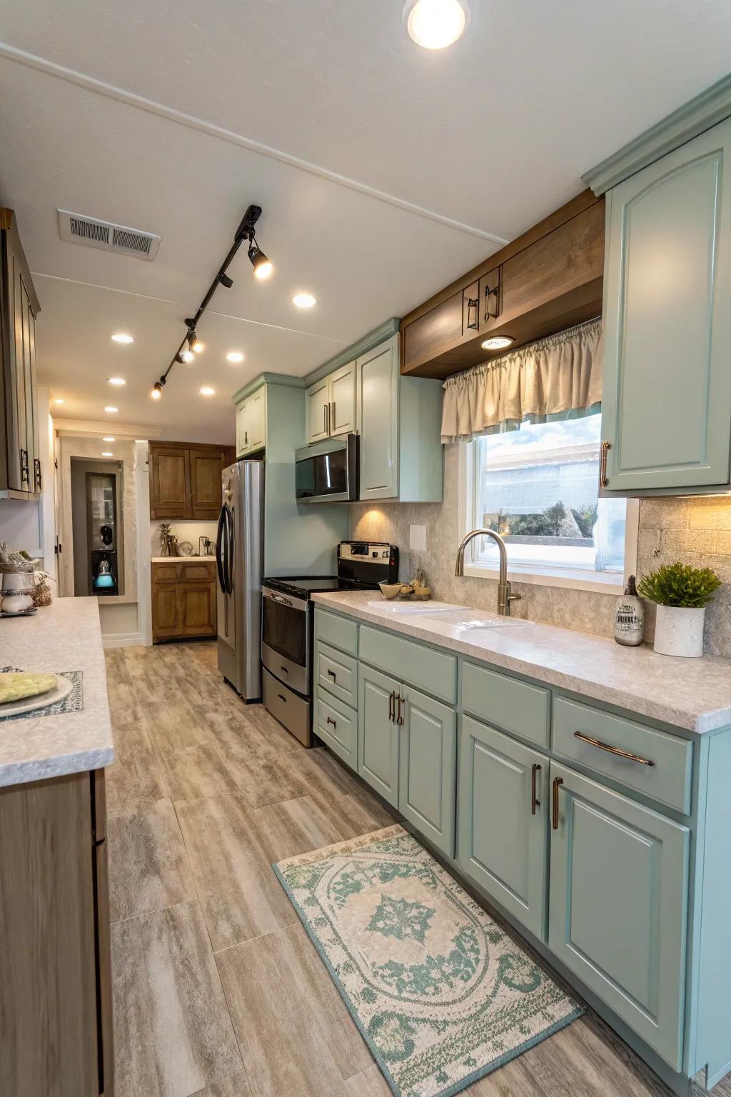 A mobile home kitchen with a harmonious and cohesive color scheme.