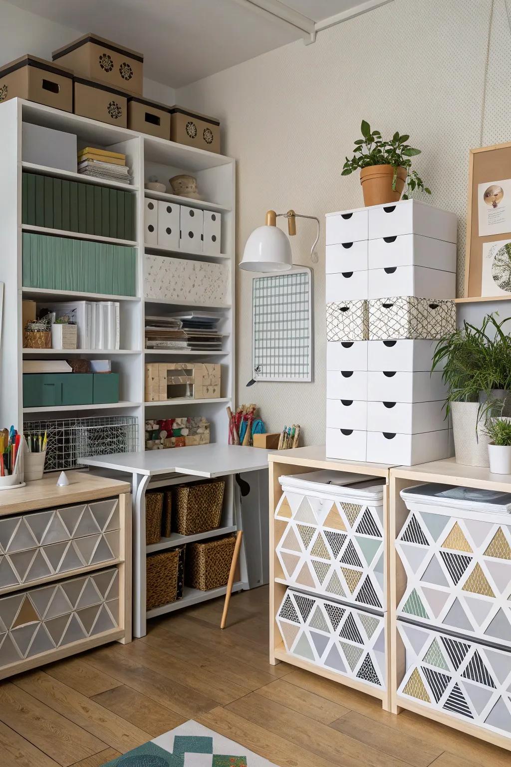 Combine style and function with geometric storage solutions.