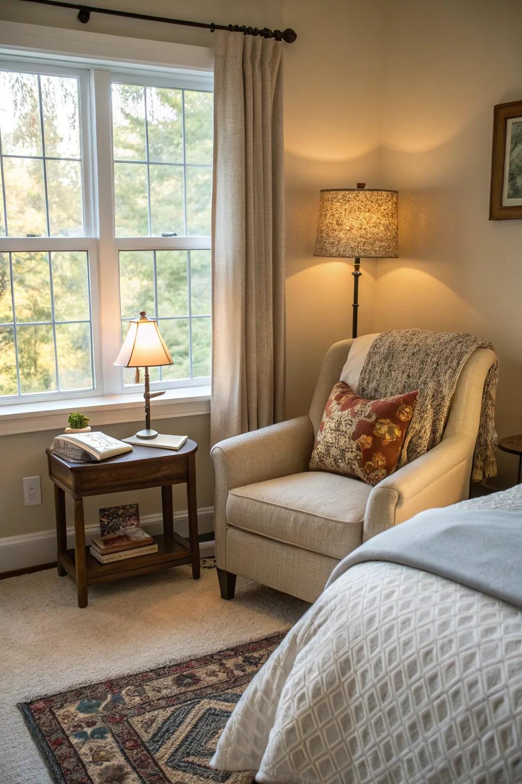 A cozy reading nook adds functionality and charm beside the bed.