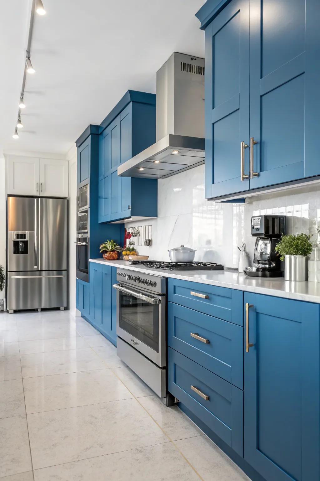 Blue cabinets and stainless steel create a sleek, modern kitchen aesthetic.