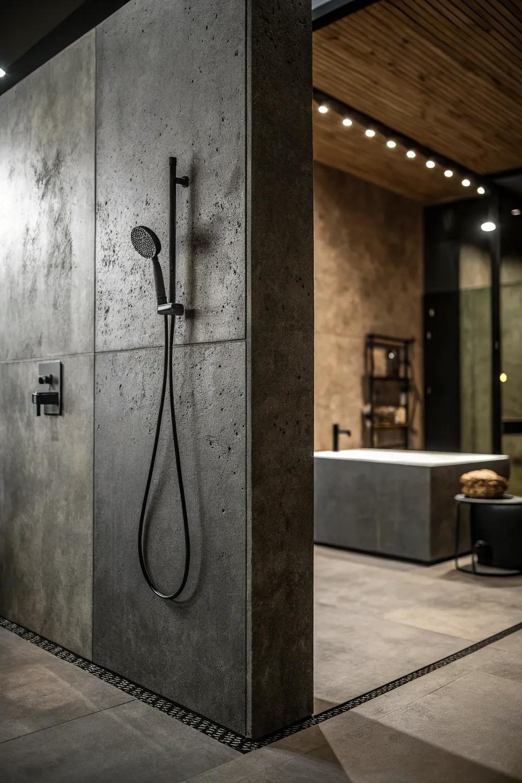 A bold and dramatic dark concrete shower.