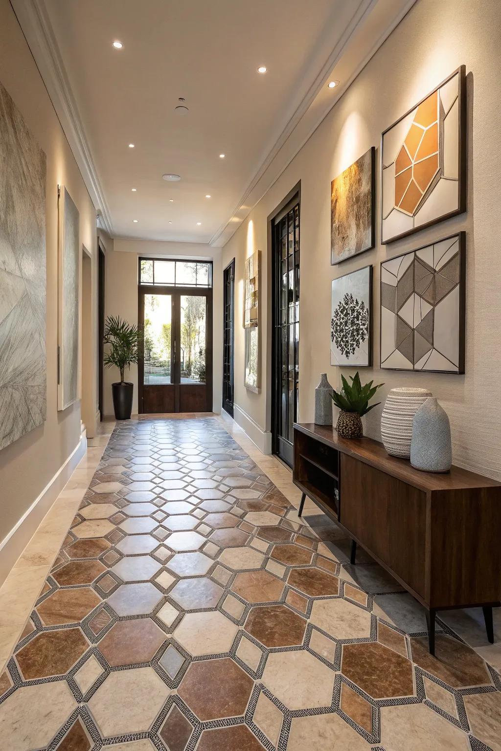 Hexagonal tiles provide geometric interest in this playful entryway.