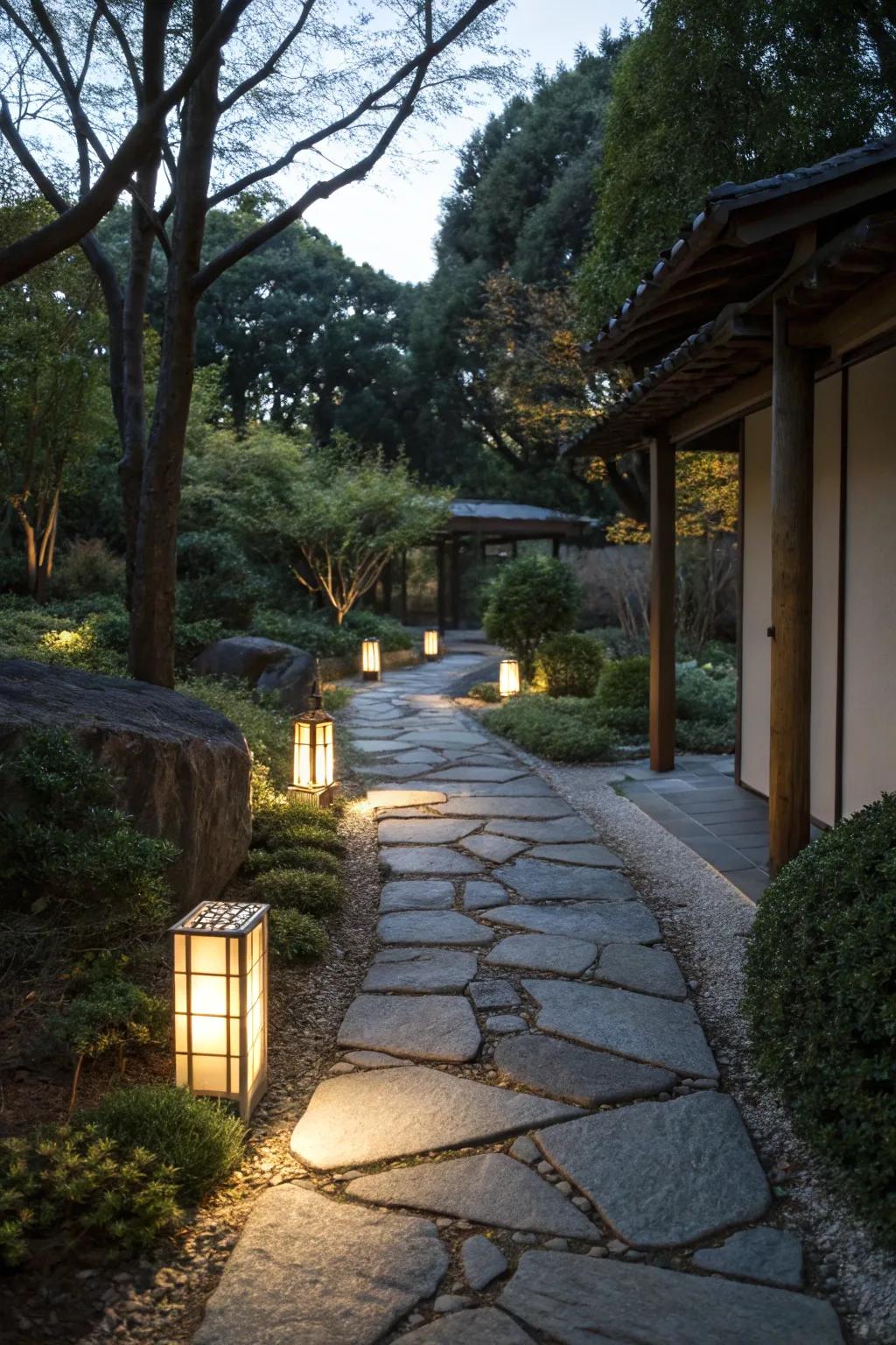 Understated pathway lighting provides a serene glow along this stone walkway.