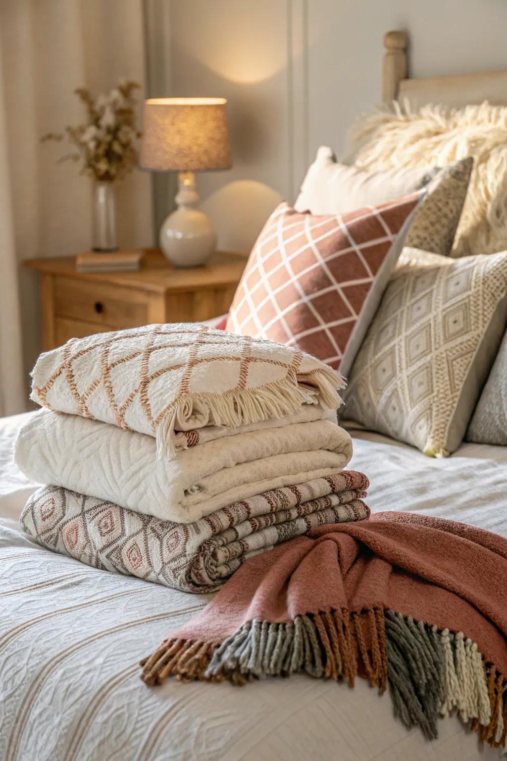 Textured layers of throws and pillows making the bedroom inviting.