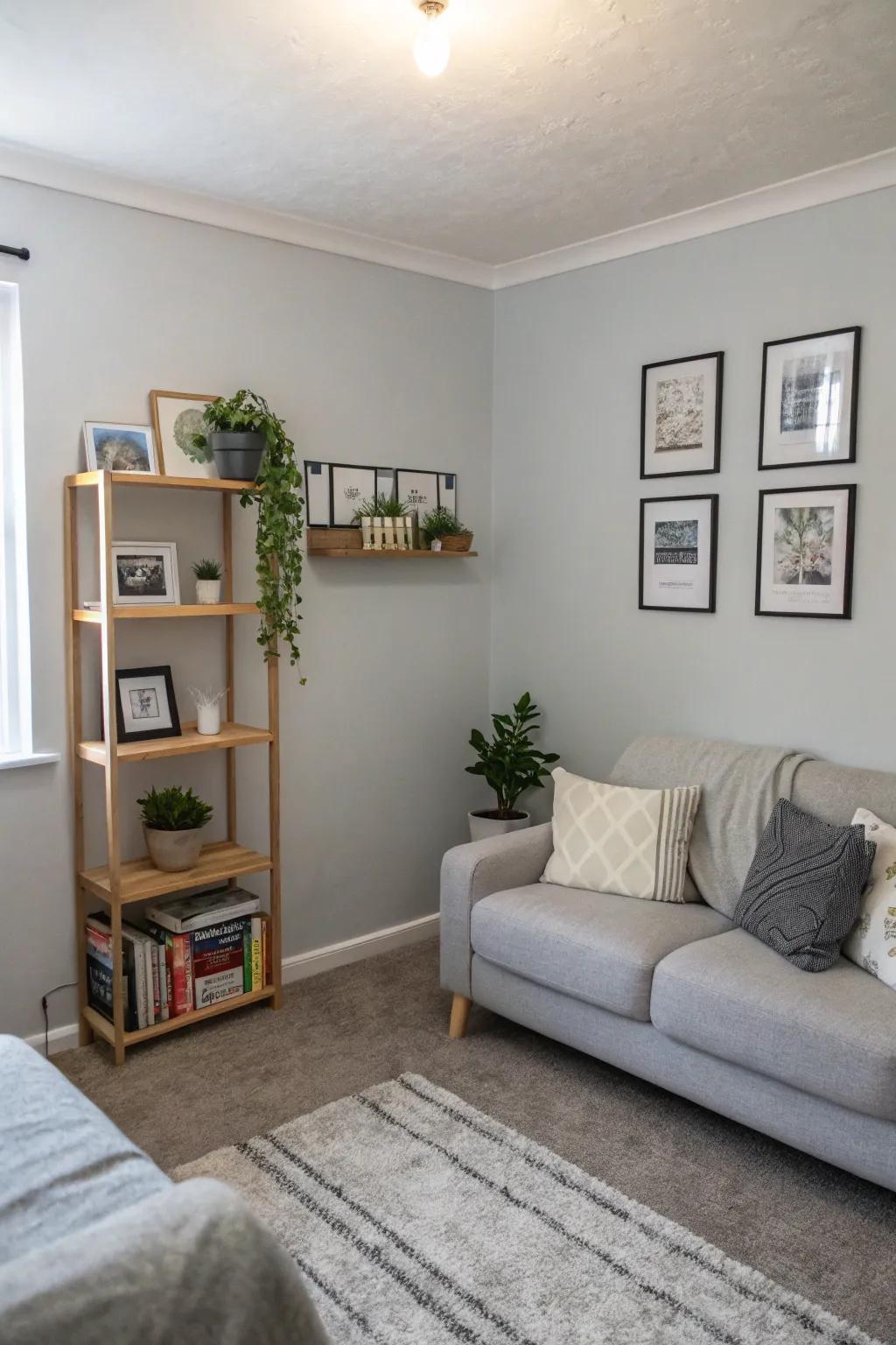 Light gray walls make this small living room feel more spacious.