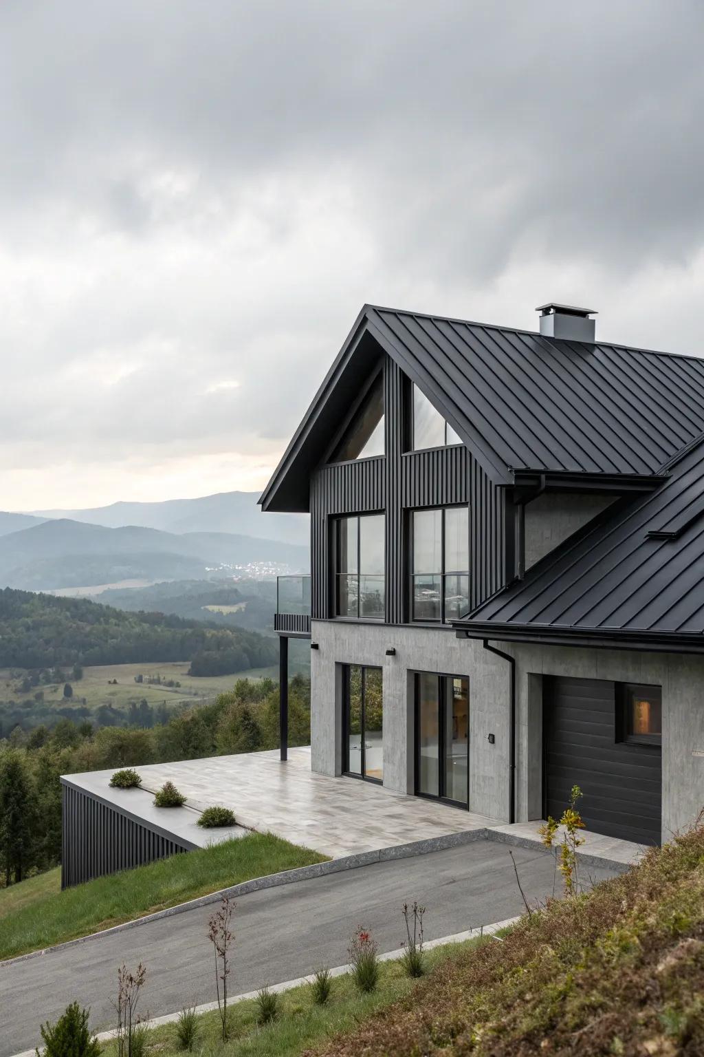 A contemporary grey house with a bold black roof, offering a striking panoramic view.