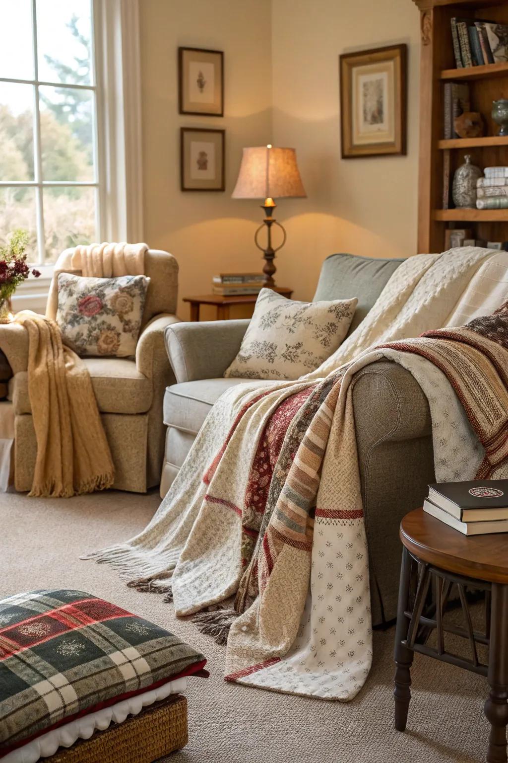 Layered textiles add warmth and texture to the cozy living room.