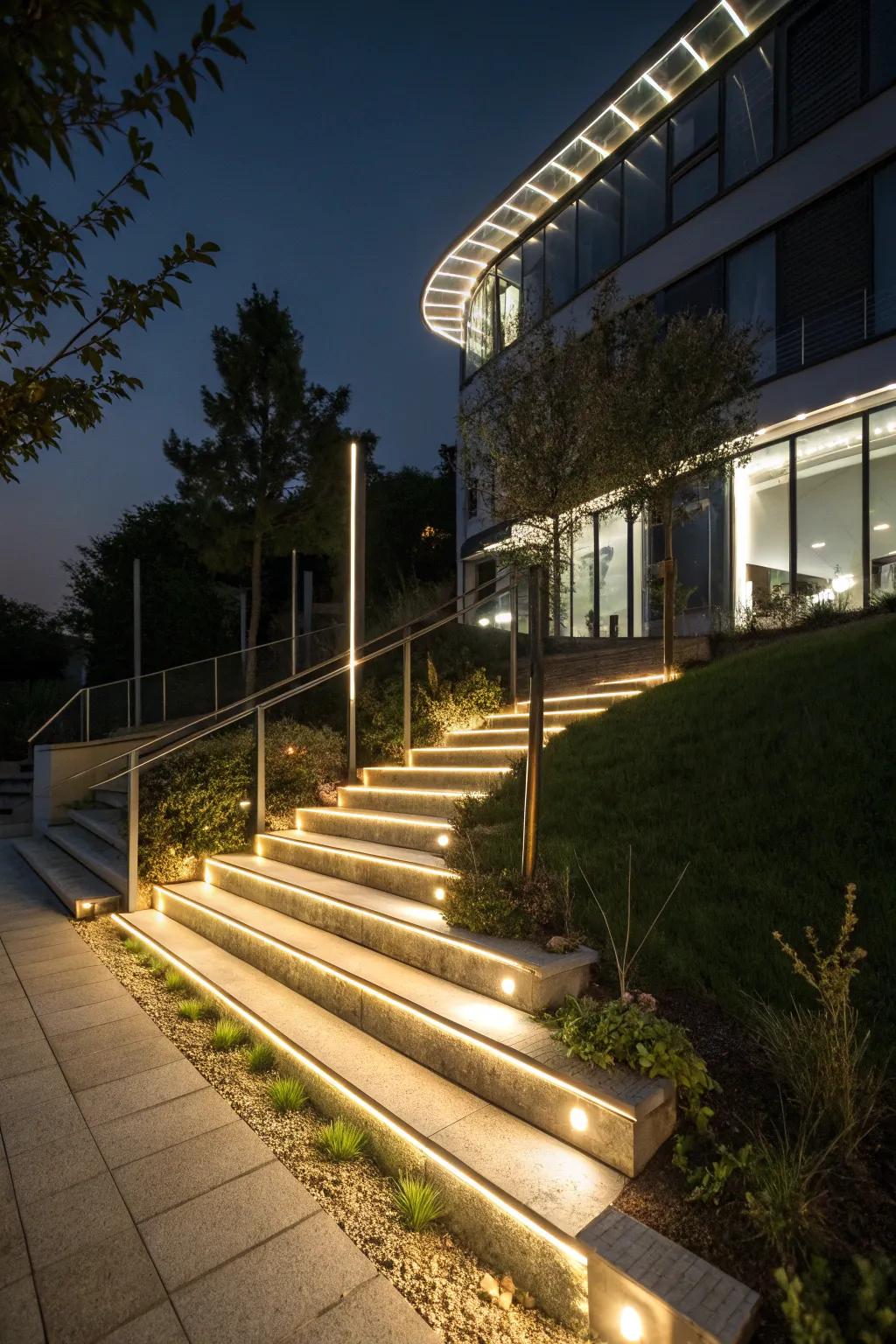 LED strips offering an energy-efficient lighting solution for outdoor steps.