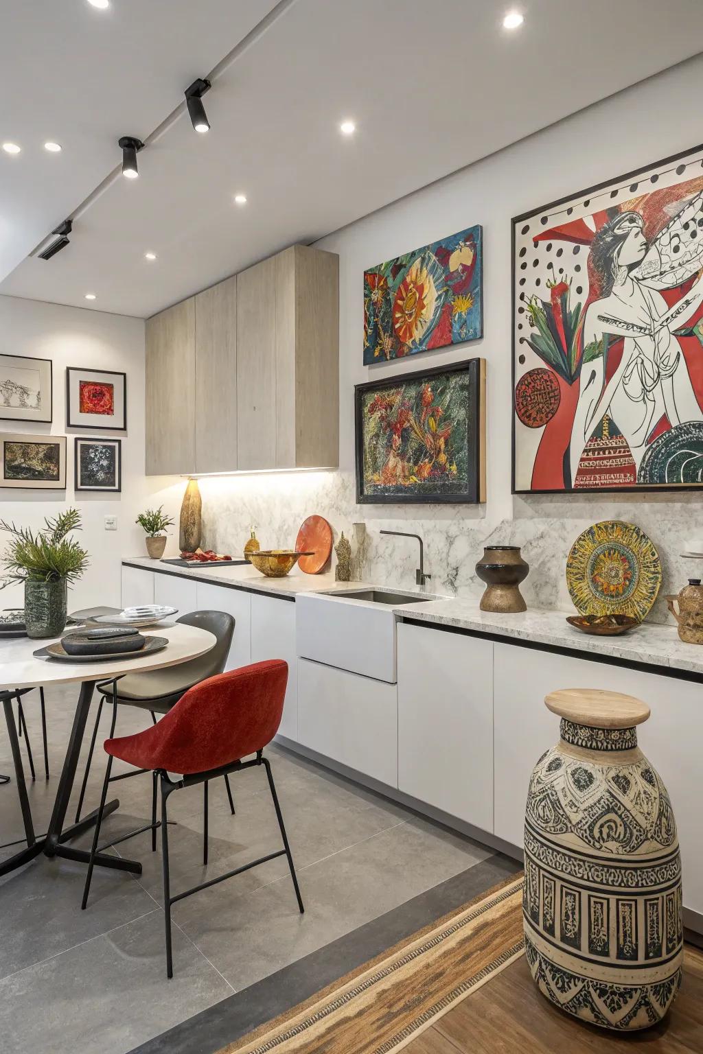 Artistic decor personalizes and elevates modern kitchen spaces.