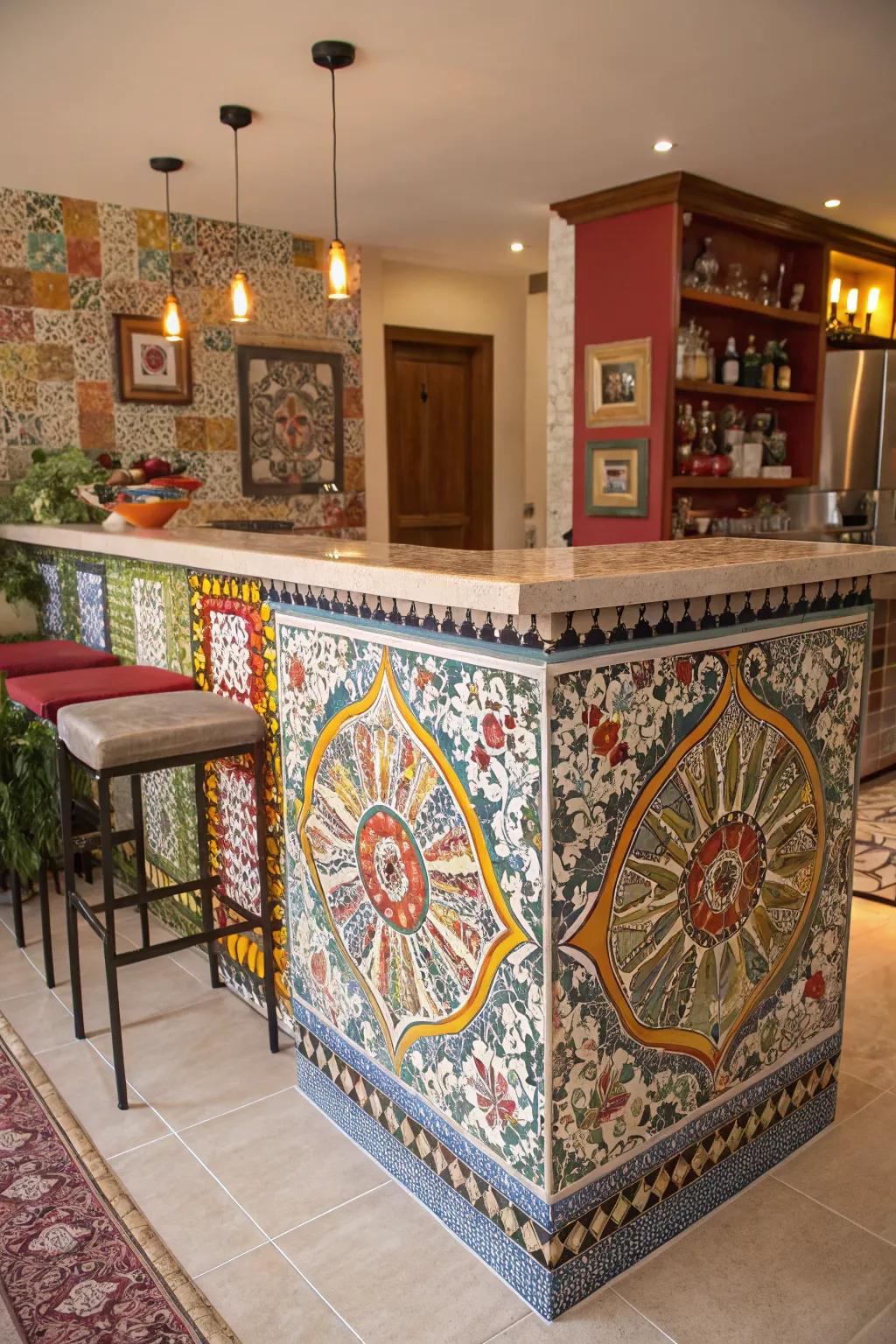 A mosaic magic L-shaped bar with intricate tile artistry.