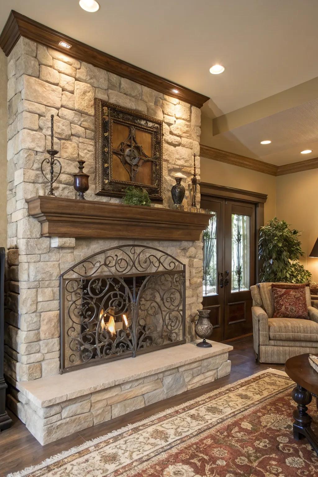 Layered textures around a plaster fireplace add depth and interest.