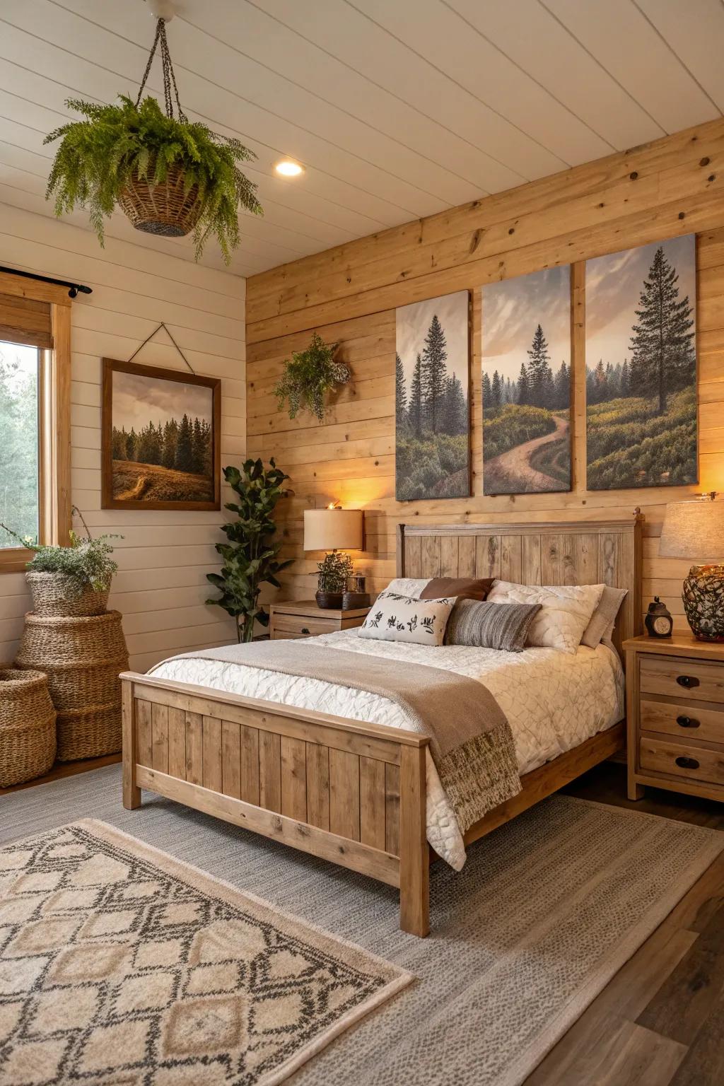 Wooden wall art adds a personal touch to rustic bedroom walls.