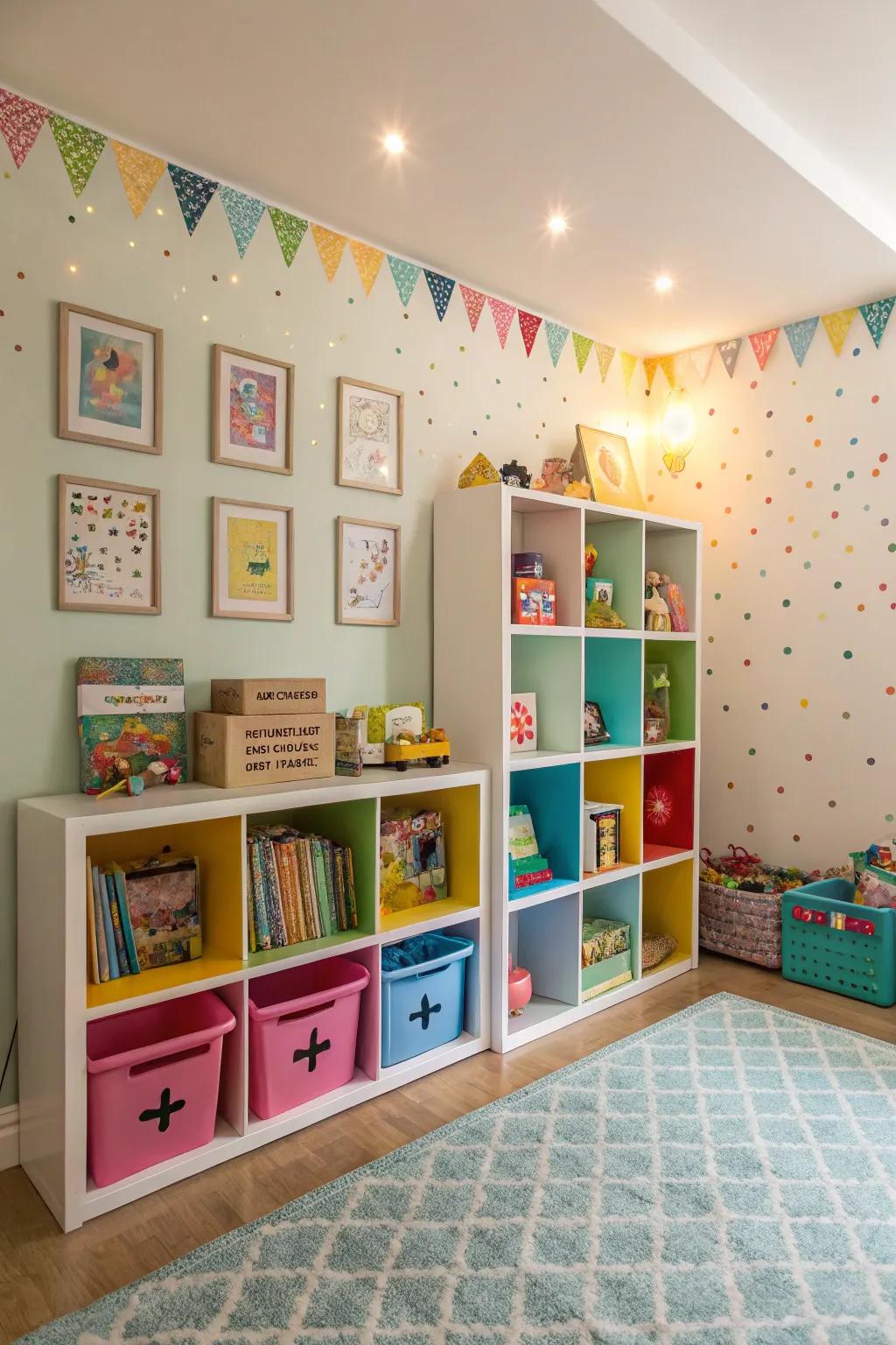 Box shelves provide a modular and playful storage solution.