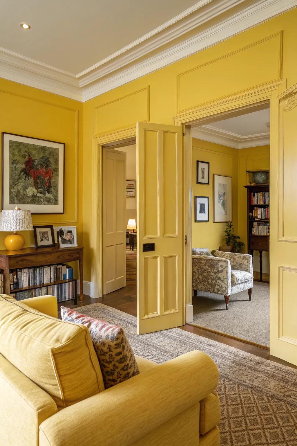 A monochromatic yellow palette creates a cohesive and visually striking living room.