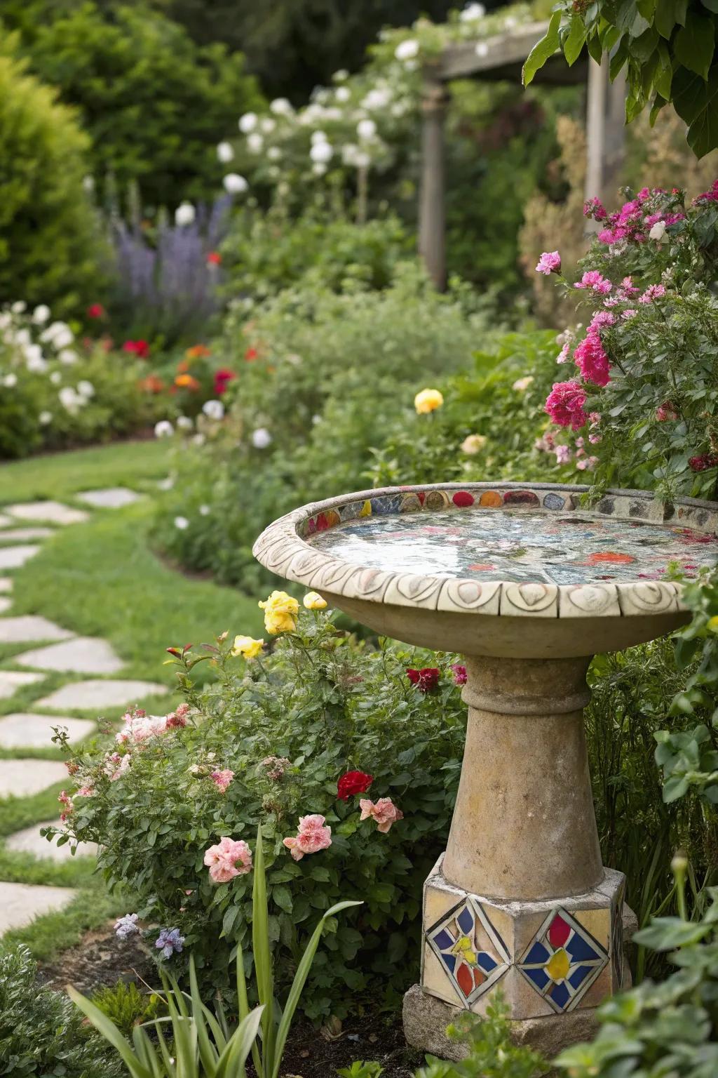 Mosaic accents add vibrant charm to garden spaces.