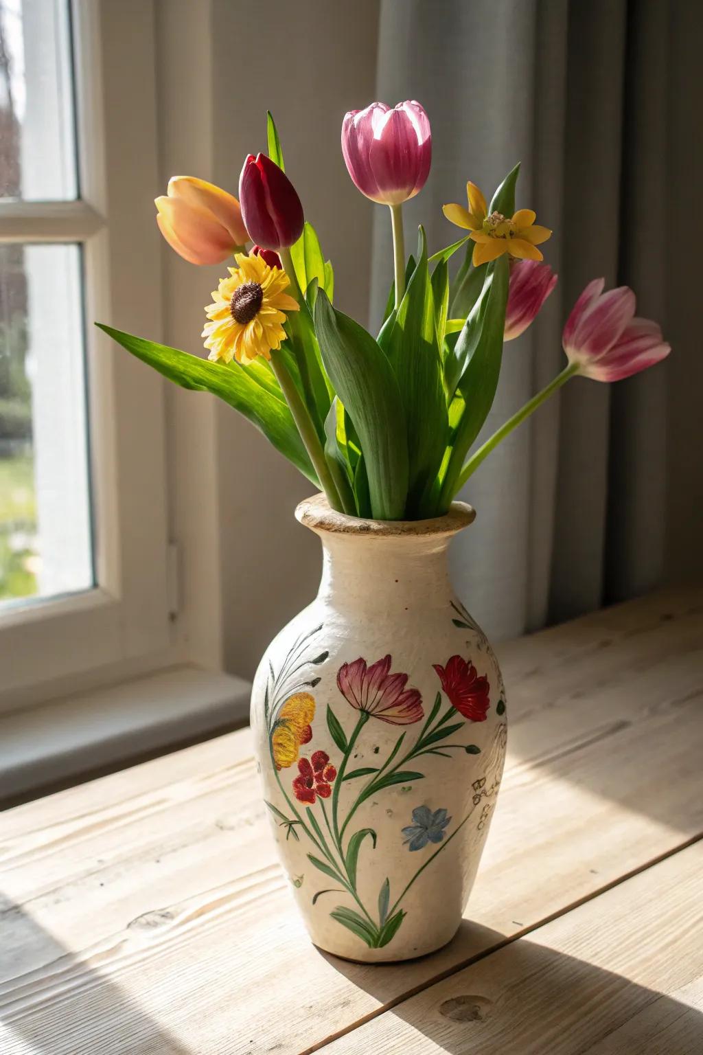Celebrate the seasons with handcrafted elegance: Fingerpainted spring blooms on a minimalist vase.