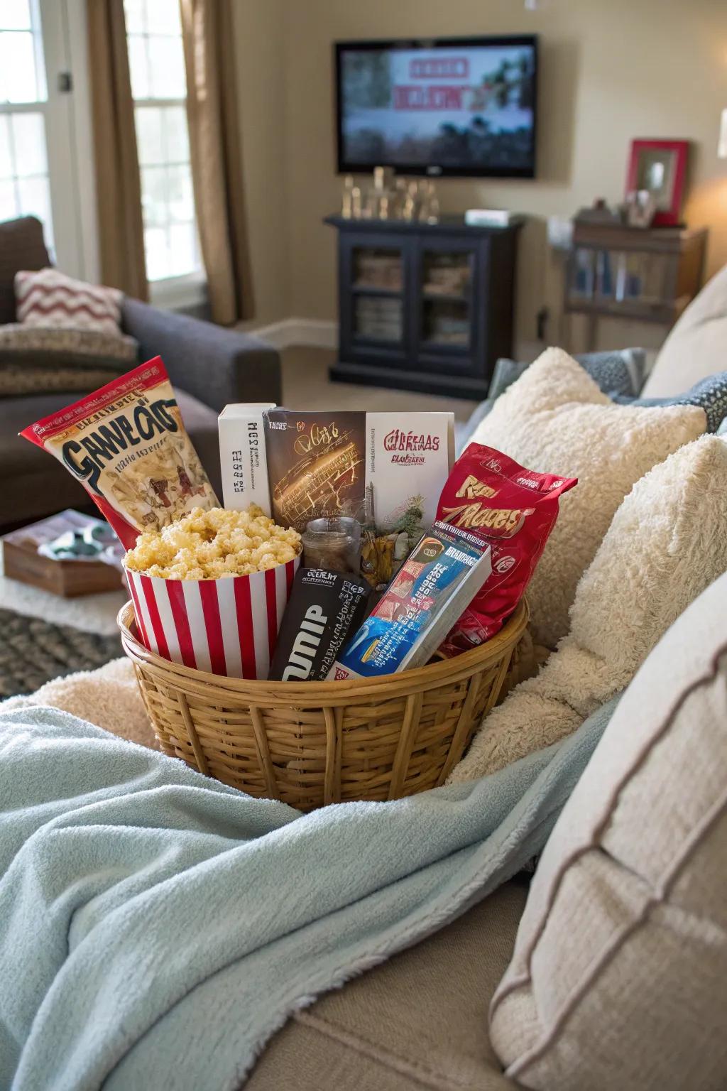 Set the stage for a movie night with mom with this delightful basket.