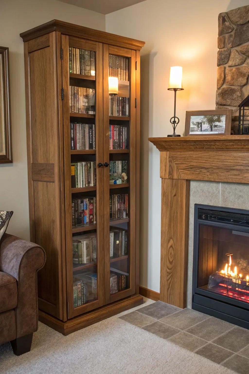 A corner cabinet making clever use of space for DVD storage.