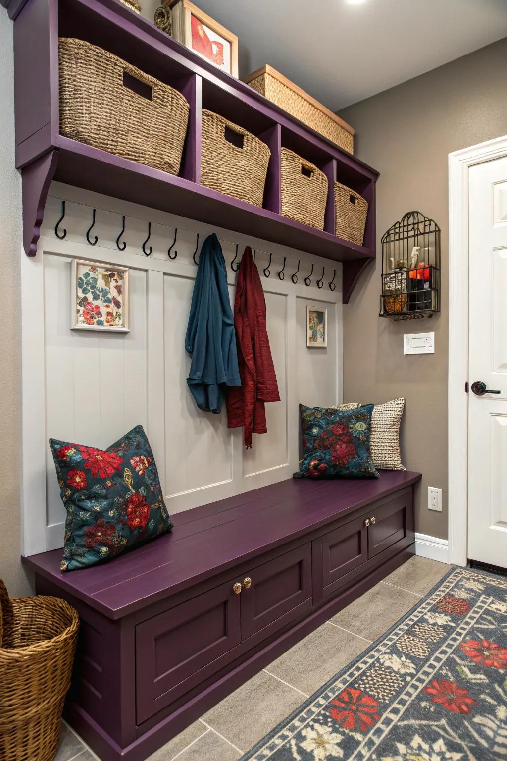 Jewel tone benches add a bold splash of color to mudrooms.