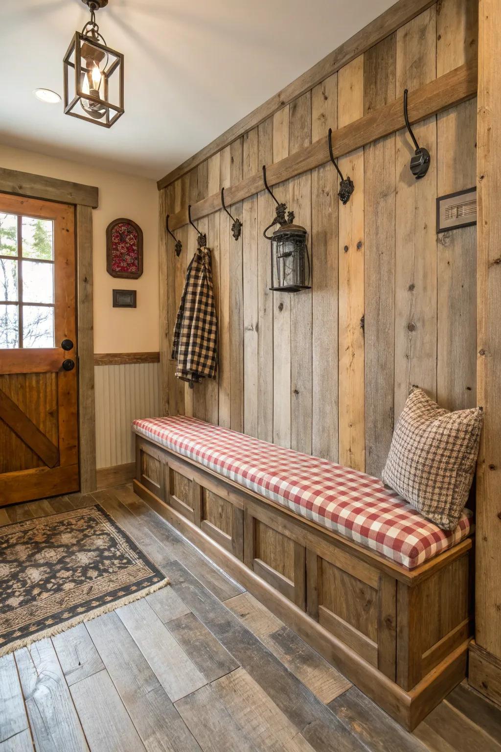 A rustic farmhouse flair adds warmth and character to your mudroom.