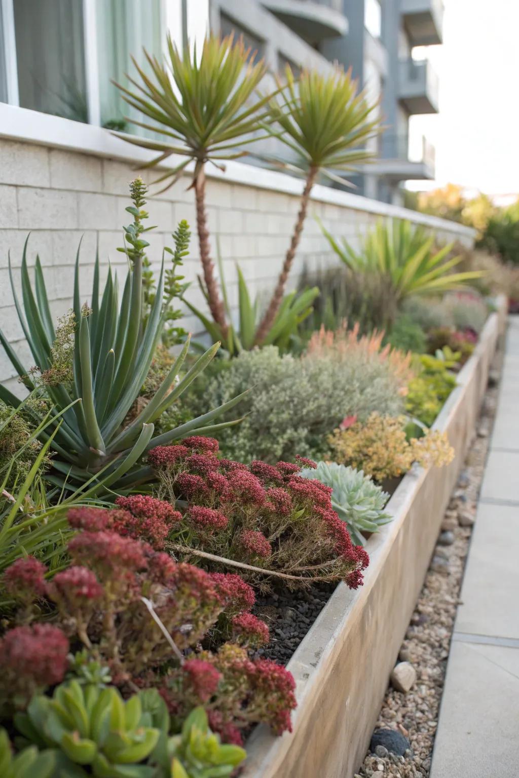 Drought-tolerant plants thrive in narrow flower beds with limited watering.