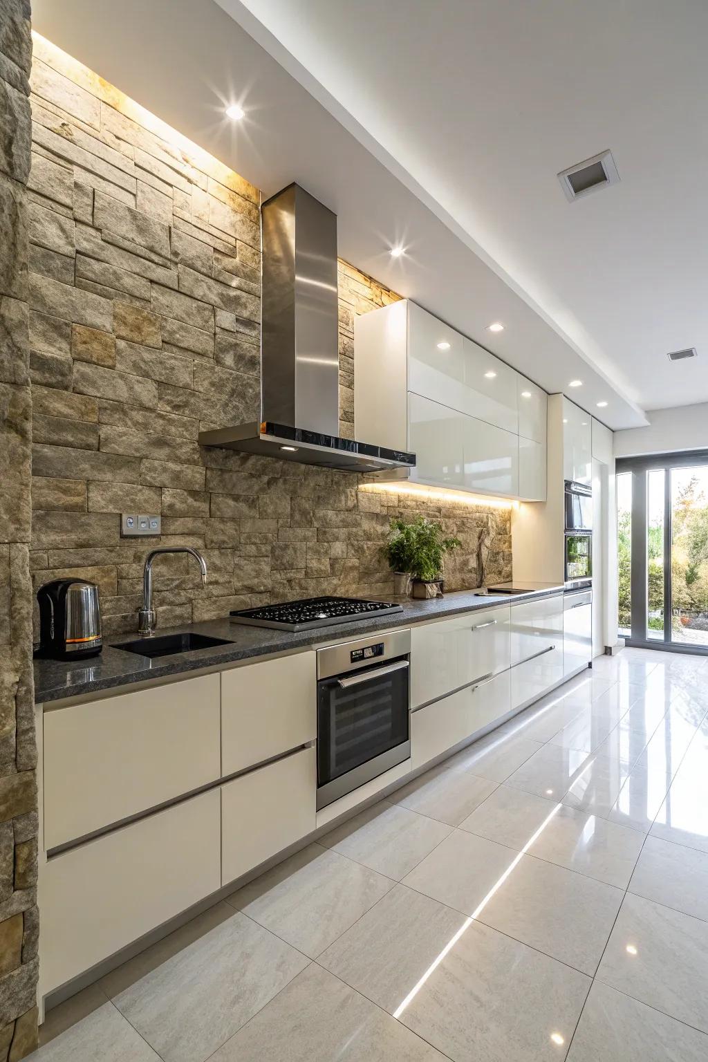 Sleek kitchen featuring a polished stone backsplash.