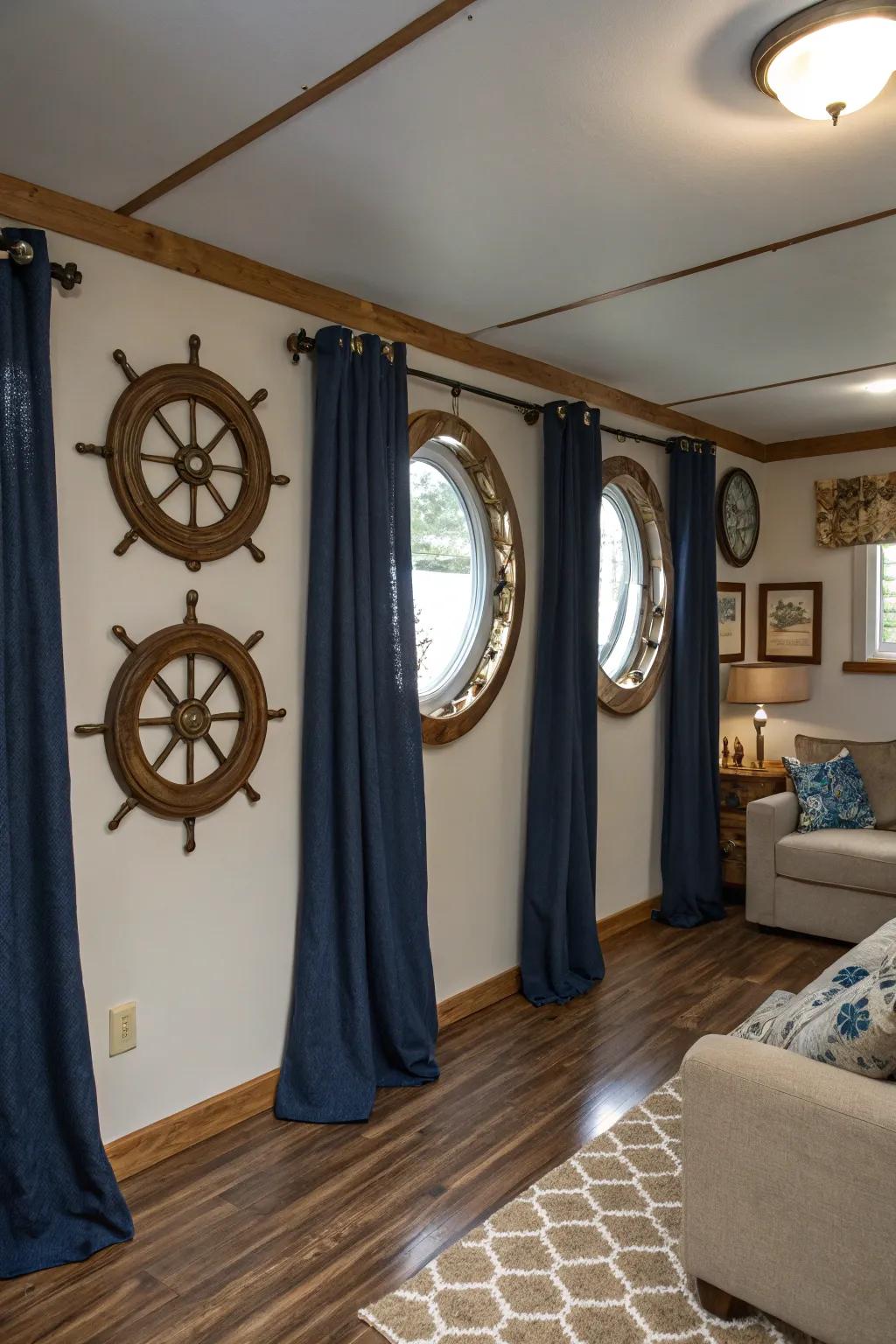 Porthole mirrors enhance the nautical theme and create a sense of space.