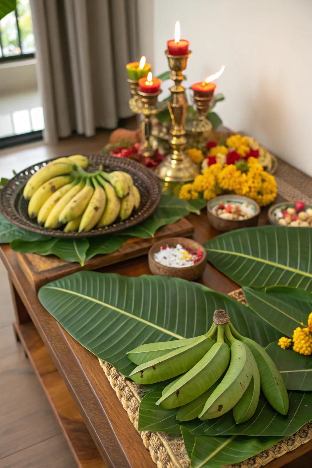 Home decor featuring traditional banana and mango leaves for Navratri.