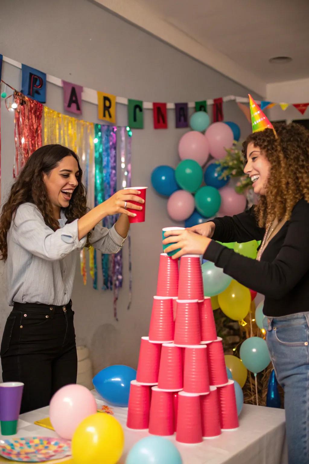 Guests testing their skills in a challenging cup-stacking game.