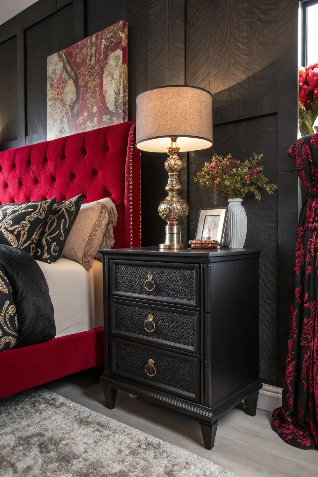 A black nightstand adding dramatic flair to a contemporary bedroom.