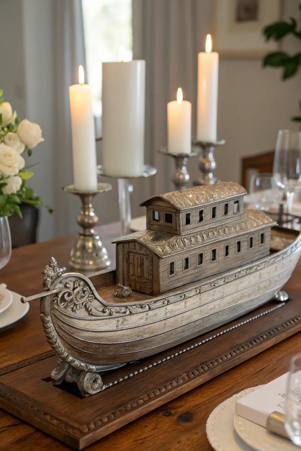 Metal accents add luxury and sophistication to this centerpiece.