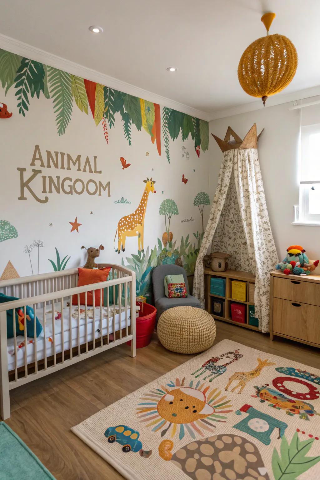 An adventurous nursery with an animal kingdom theme accent wall sparking curiosity.