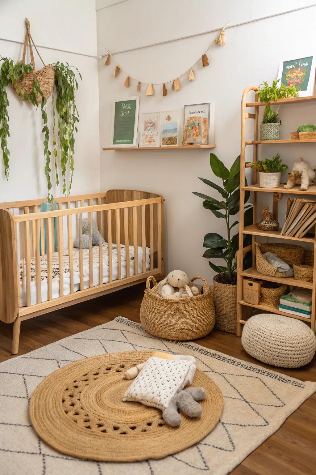 Eco-friendly choices create a safe and healthy nursery corner.