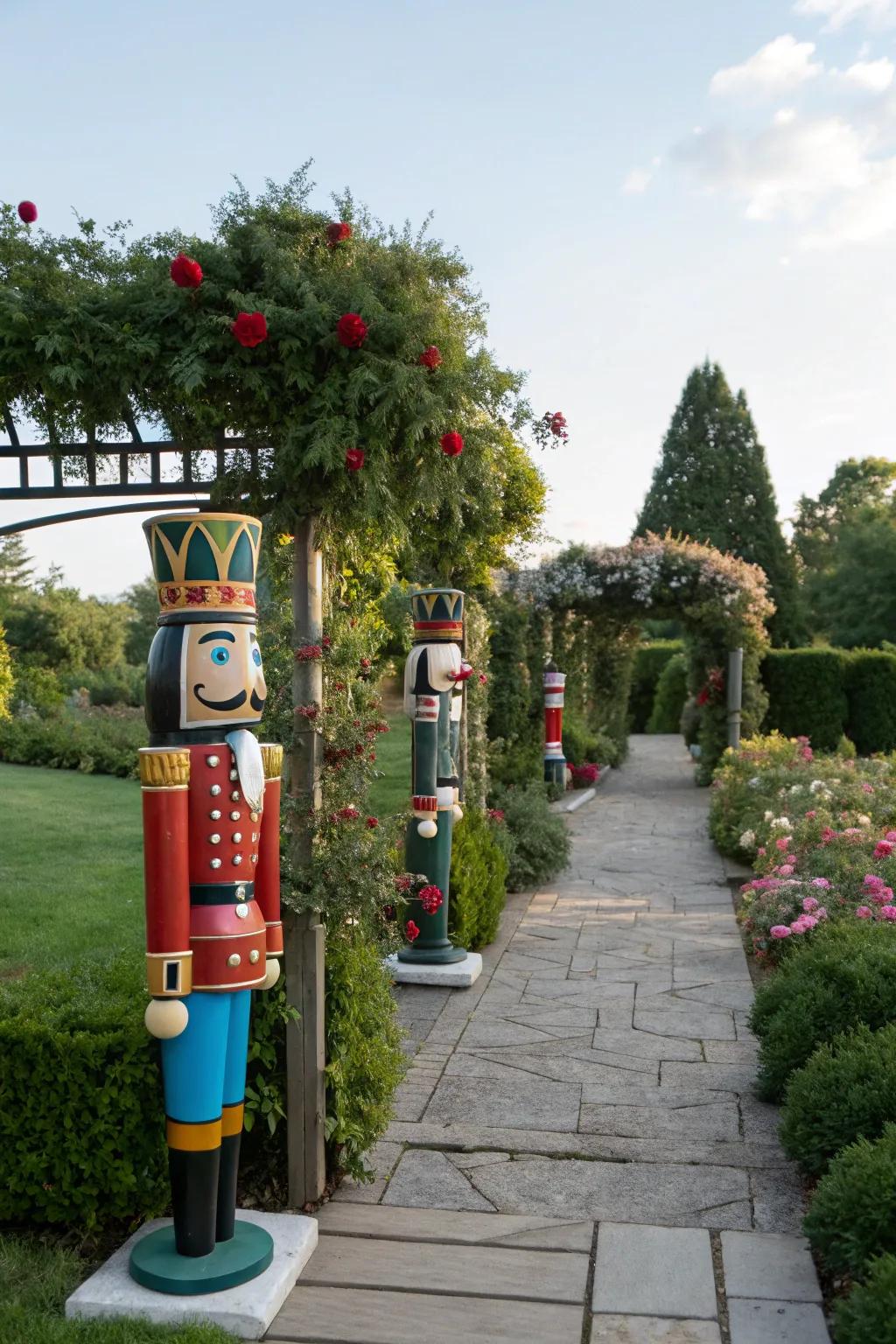 Nutcrackers add a whimsical touch to the garden during the holidays.