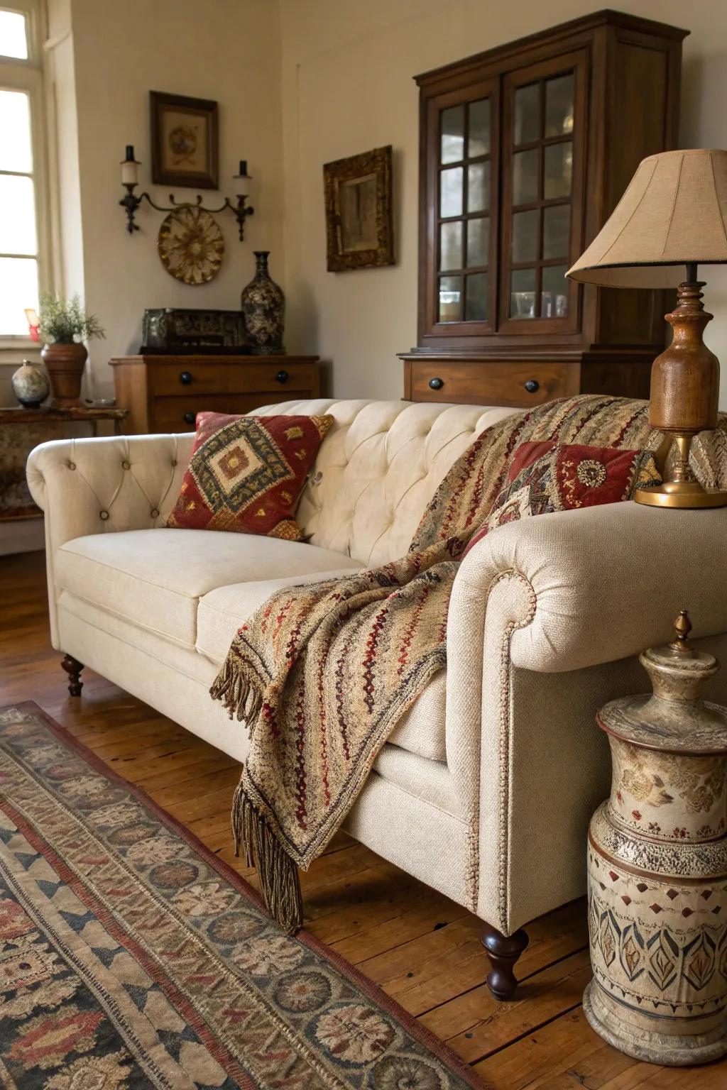 Vintage accents bring timeless charm to an oatmeal sofa arrangement.