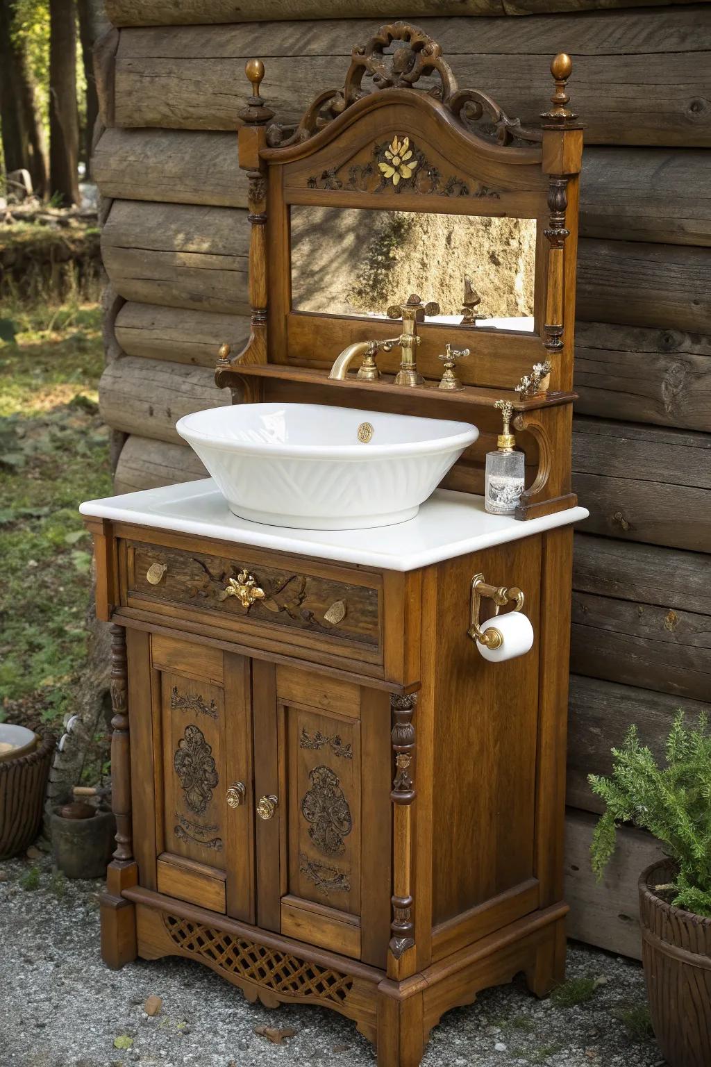 Rediscover rustic charm with a vintage washstand that celebrates craftsmanship and history.