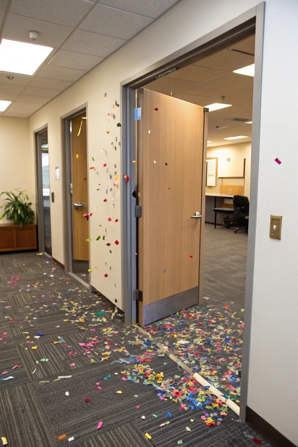 A confetti explosion adds a burst of joy to the office.