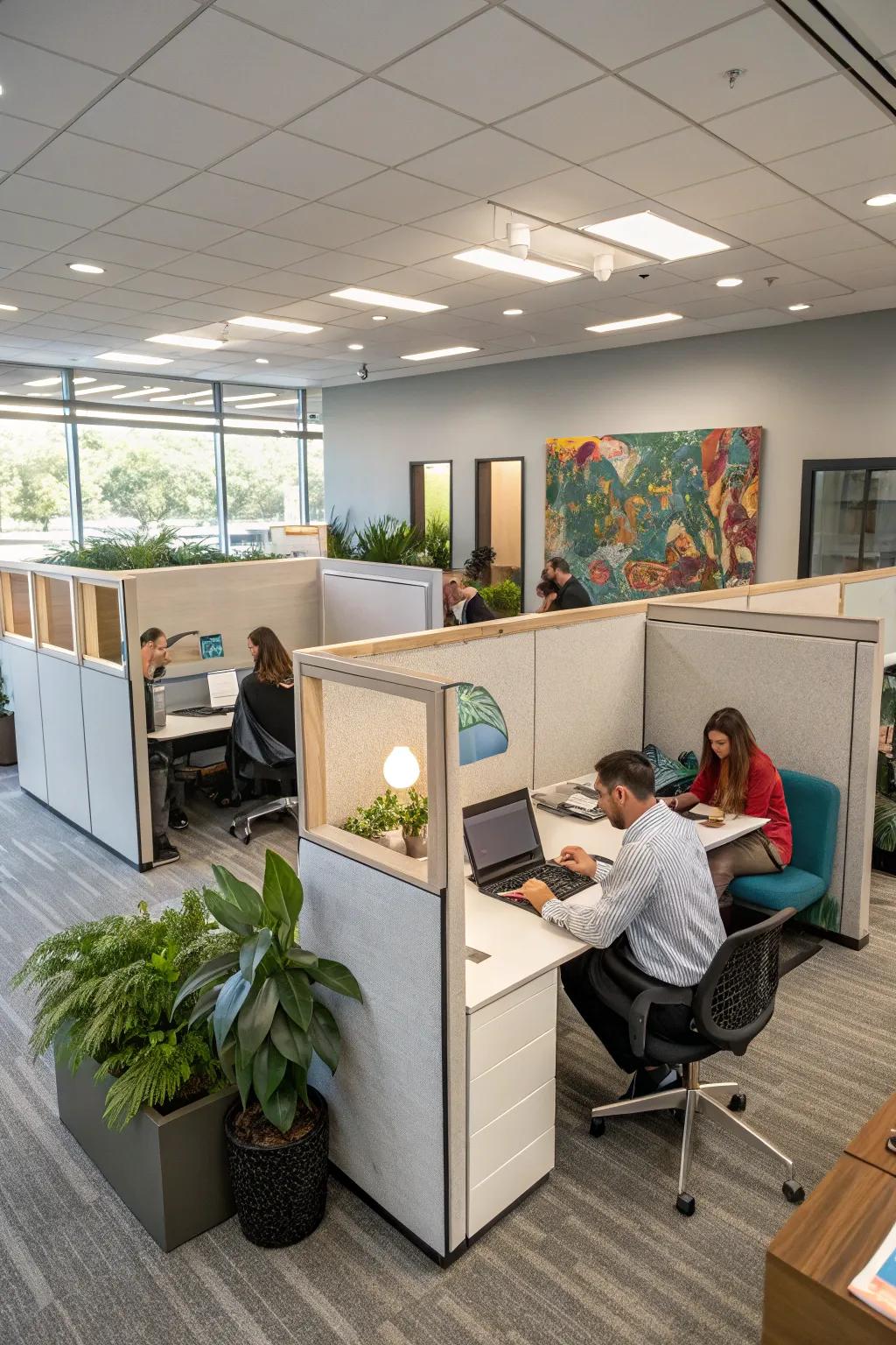 Hybrid office design supporting both remote and on-site work.