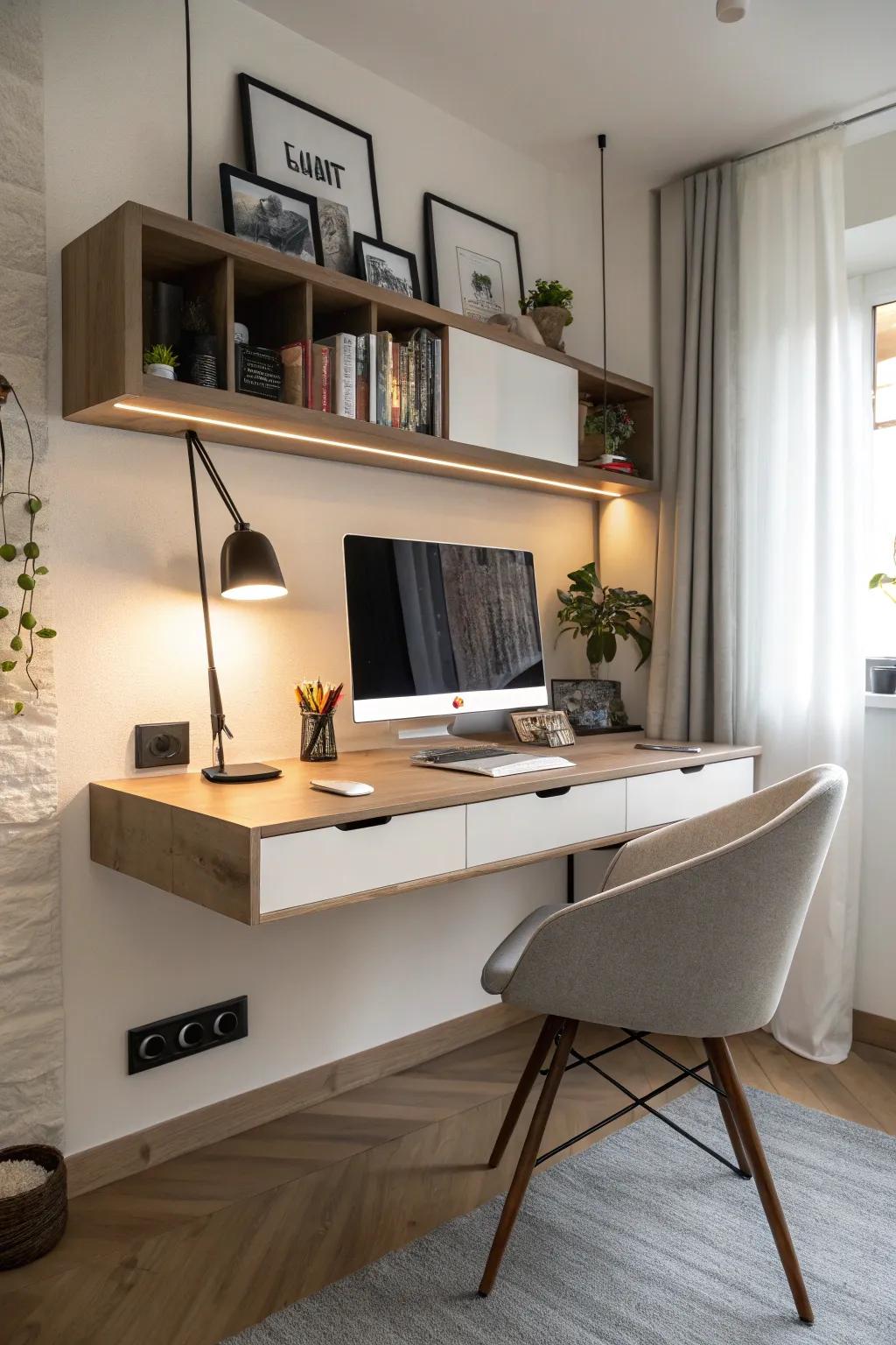 Floating desks offer sleek, space-saving solutions.