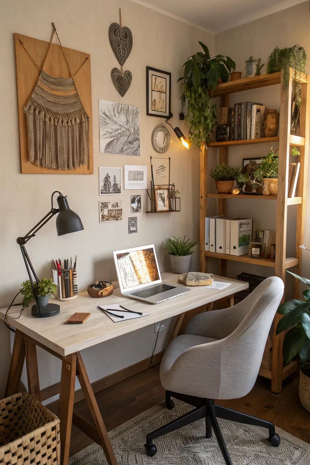 Personal touches add warmth and individuality to a home office.