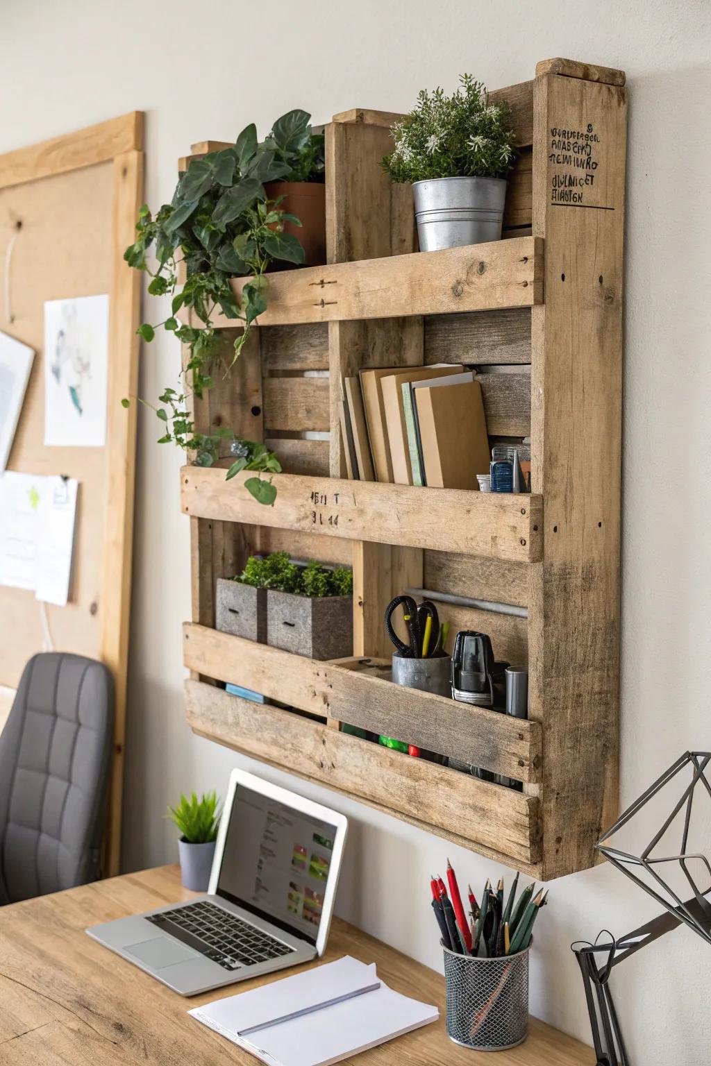 Upcycled pallets bring rustic and sustainable storage solutions.