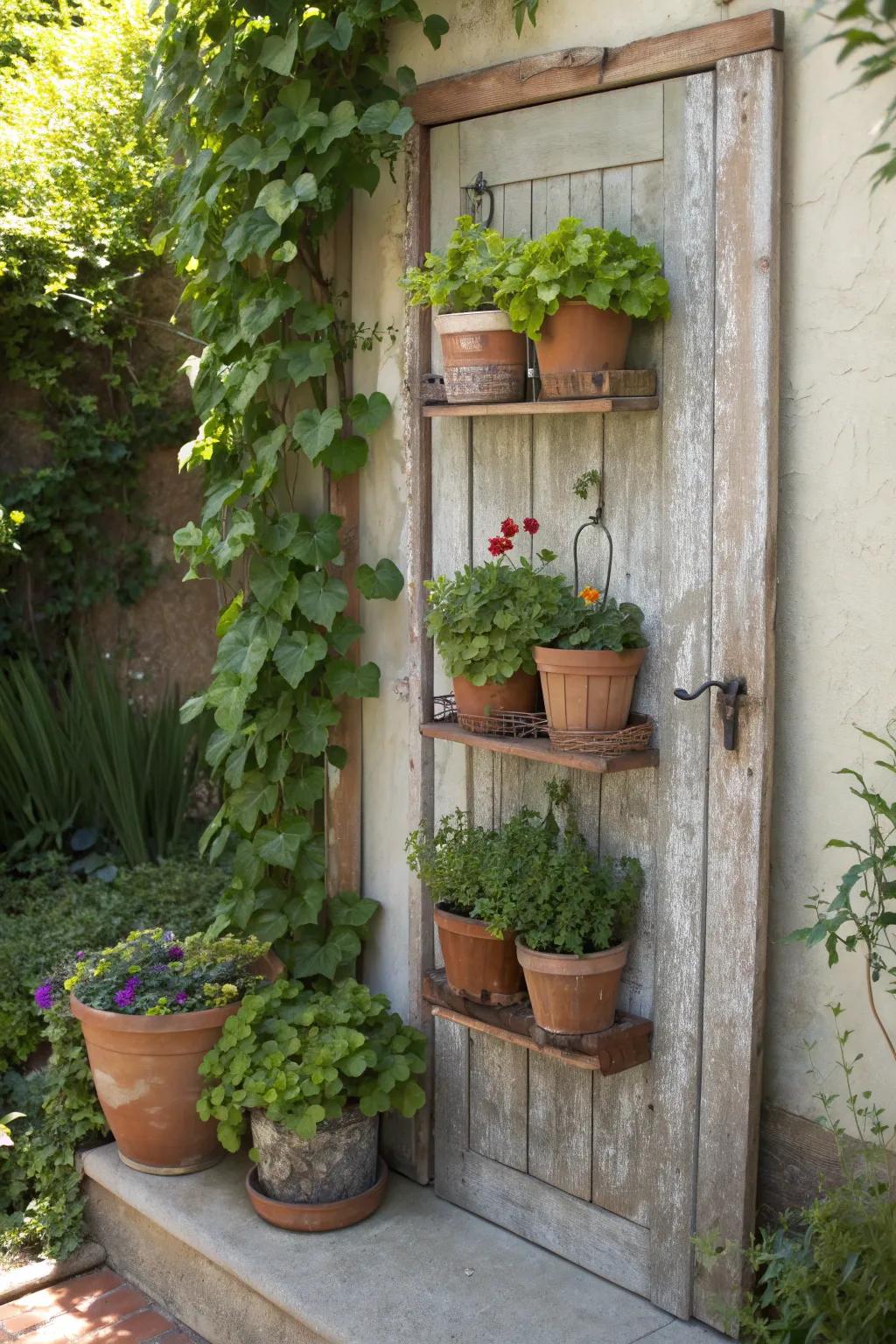Transform vintage charm into a lush outdoor oasis with this door-turned-plant display.
