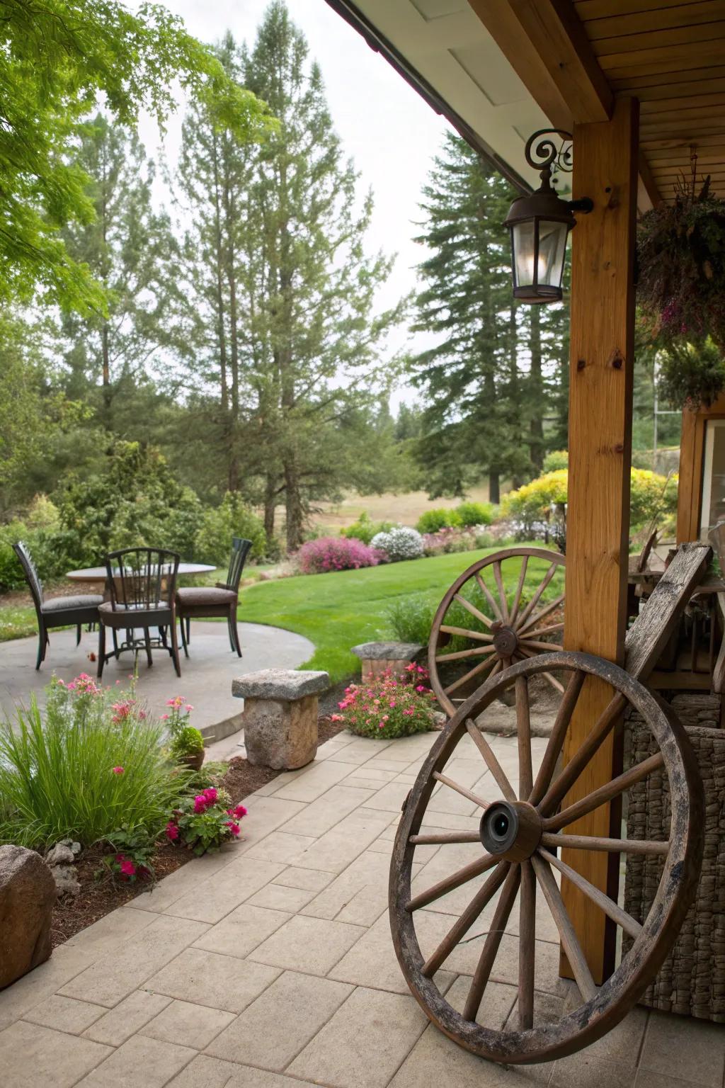 Wagon wheels create stylish patio dividers.