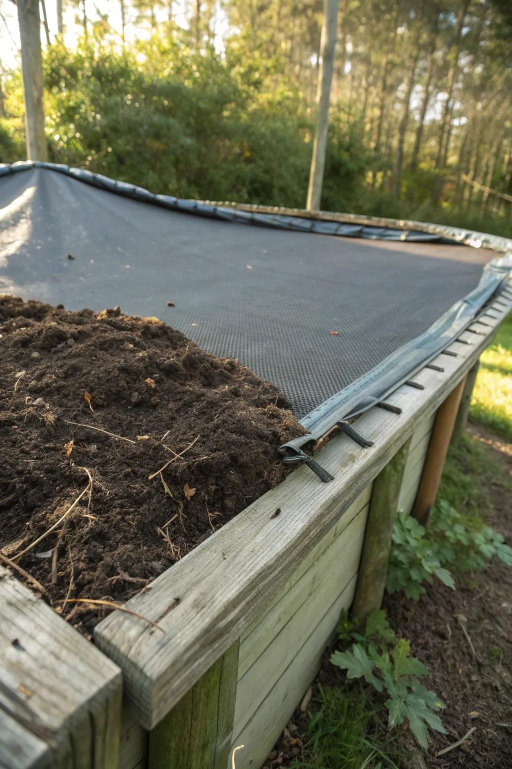 Elevate your composting game with a recycled trampoline mat cover – where practicality meets craftsmanship.