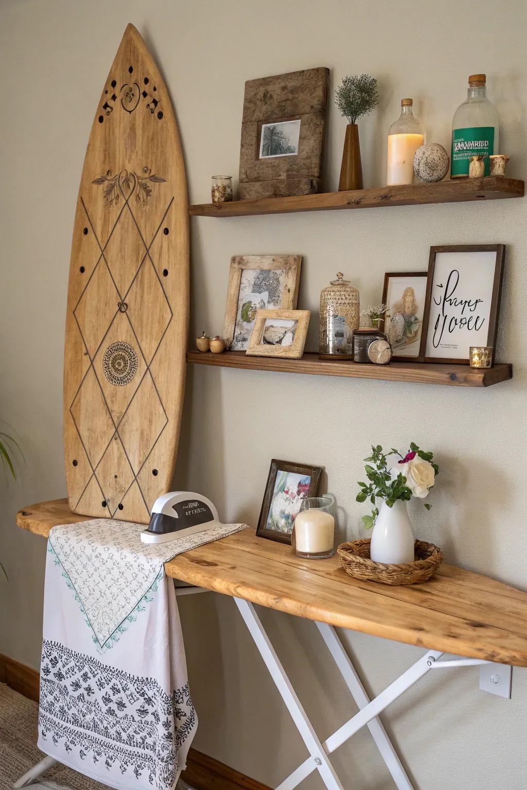 Add a rustic touch to your home with a wall-mounted ironing board shelf.