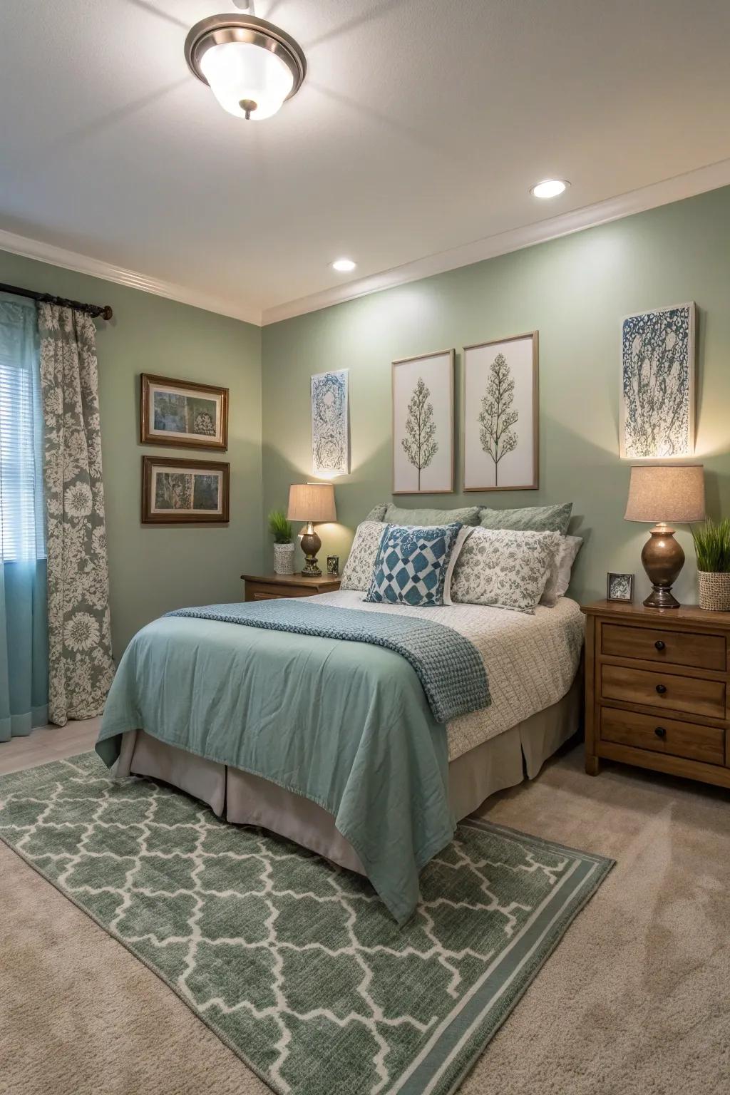 Subtle blues paired with olive green create a calming harmony.